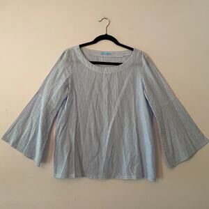 J. McLaughlin Blue White Pinstripe Boatneck Long Sleeve Blouse Cotton size Small